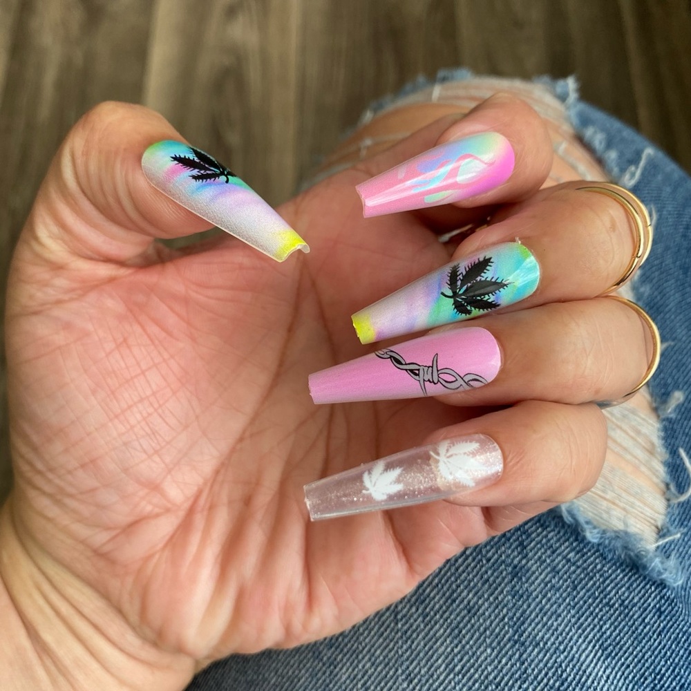Feral Edge “Rainbow Fire” Press-on Glue-on Long Coffin Nails 24pcs